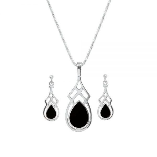 Silver Whitby Jet Celtic Pendant and Earring Set