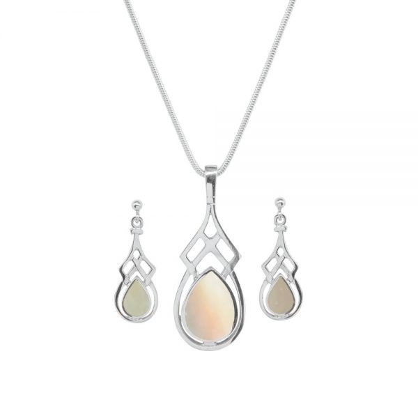 White Gold Mother of Pearl Celtic Pendant and Earring Set