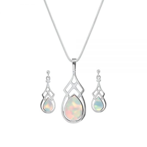 White Gold Opalite Sun Ice Celtic Pendant and Earring Set