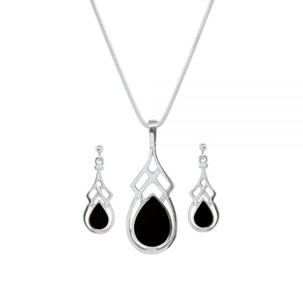 White Gold Whitby Jet Celtic Pendant and Earring Set