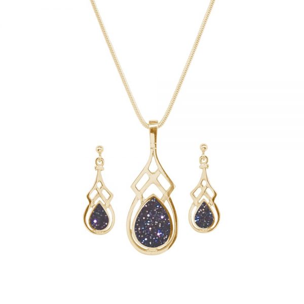 Yellow Gold Blue Goldstone Celtic Pendant and Earring Set