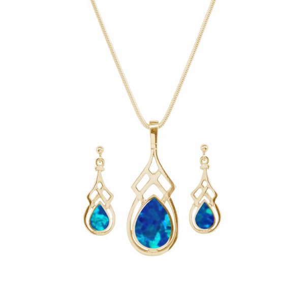 Yellow Gold Opalite Cobalt Blue Celtic Pendant and Earring Set