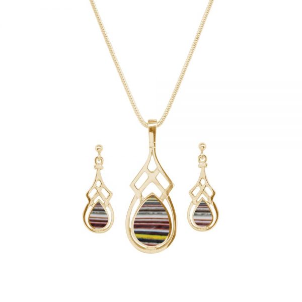 Yellow Gold Fordite Celtic Pendant and Earring Set