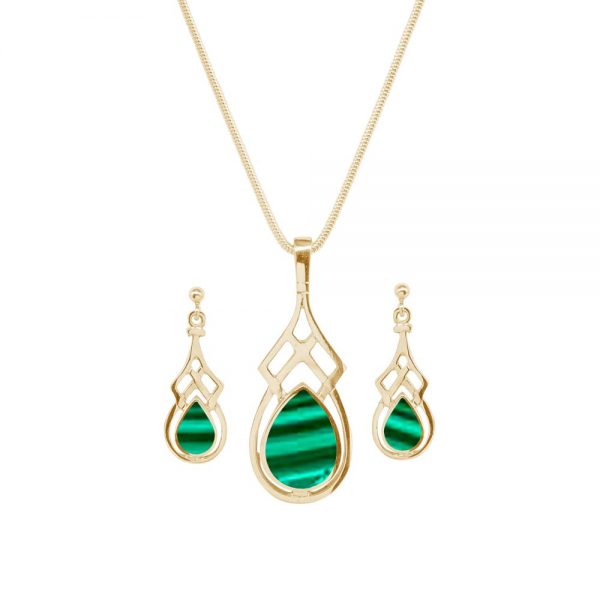 Yellow Gold Malachite Celtic Pendant and Earring Set