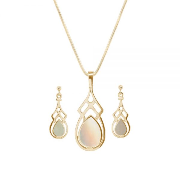 Yellow Gold Mother of Pearl Celtic Pendant and Earring Set