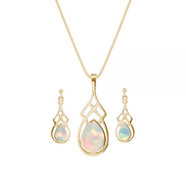 Yellow Gold Opalite Sun Ice Celtic Pendant and Earring Set