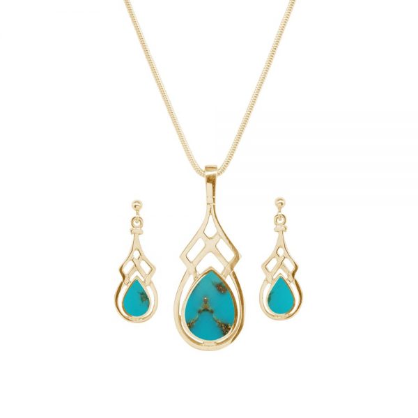 Yellow Gold Turquoise Celtic Pendant and Earring Set