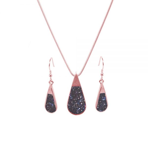 Rose Gold Blue Goldstone Teardrop Pendant and Earring Set