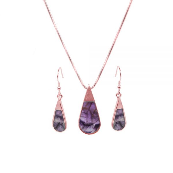 Rose Gold Blue John Teardrop Pendant and Earring Set