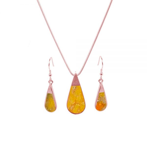 Rose Gold Bumblebee Jasper Teardrop Pendant and Earring Set