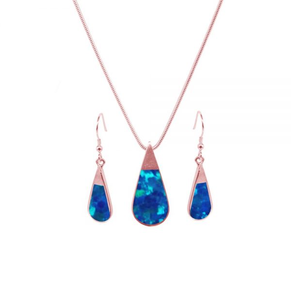 Rose Gold Opalite Cobalt Blue Teardrop Pendant and Earring Set