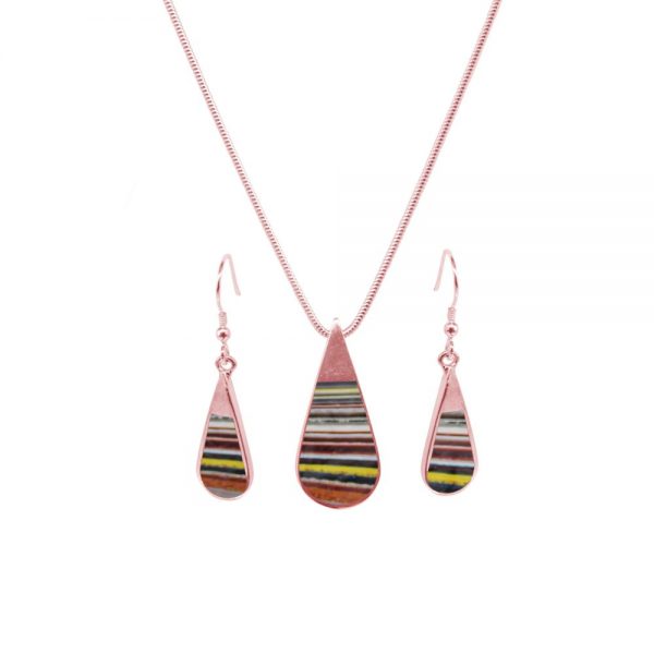 Rose Gold Fordite Teardrop Pendant and Earring Set