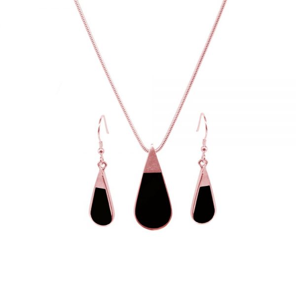 Rose Gold Whitby Jet Teardrop Pendant and Earring Set