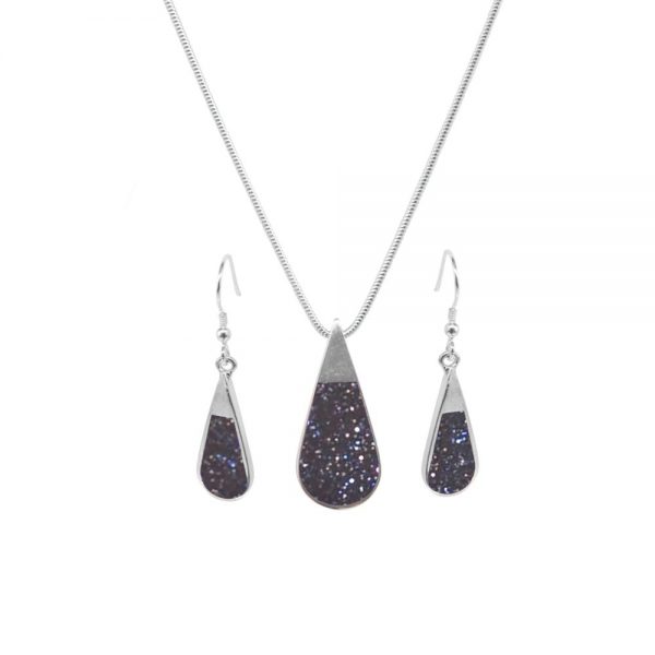 Silver Blue Goldstone Teardrop Pendant and Earring Set