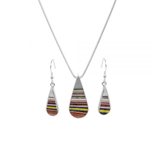 Silver Fordite Teardrop Pendant and Earring Set