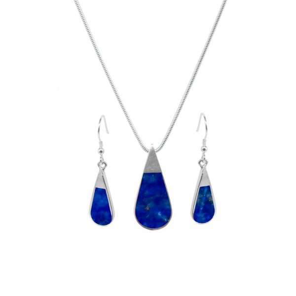 Silver Lapis Teardrop Pendant and Earring Set