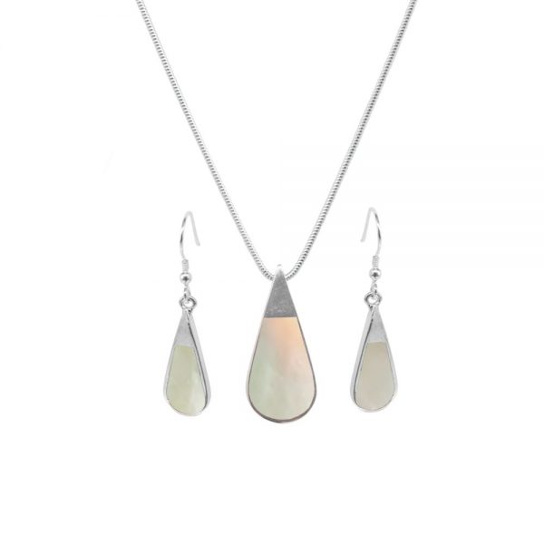 Silver Mother of Pearl Teardrop Pendant and Earring Set