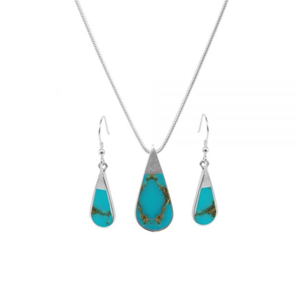 Silver Turquoise Teardrop Pendant and Earring Set