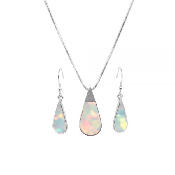 White Gold Opalite Sun Ice Teardrop Pendant and Earring Set