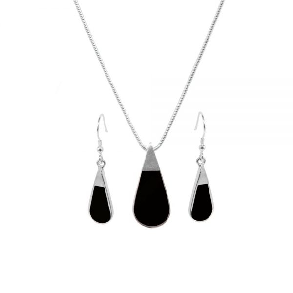 White Gold Whitby Jet Teardrop Pendant and Earring Set
