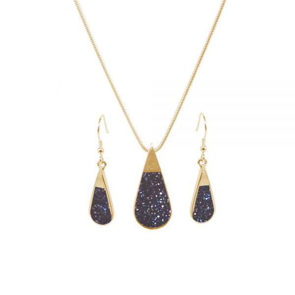 Yellow Gold Blue Goldstone Teardrop Pendant and Earring Set