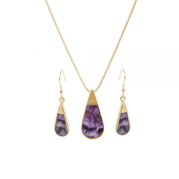 Yellow Gold Blue John Teardrop Pendant and Earring Set