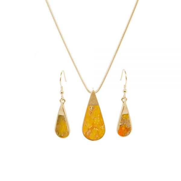 Yellow Gold Bumblebee Jasper Teardrop Pendant and Earring Set