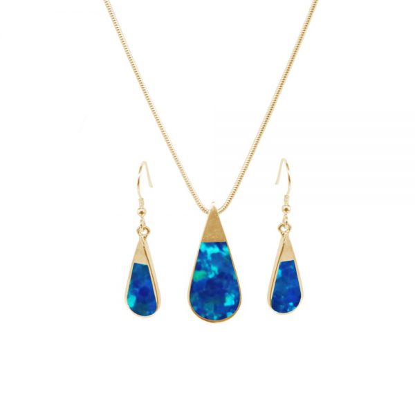 Yellow Gold Opalite Cobalt Blue Teardrop Pendant and Earring Set