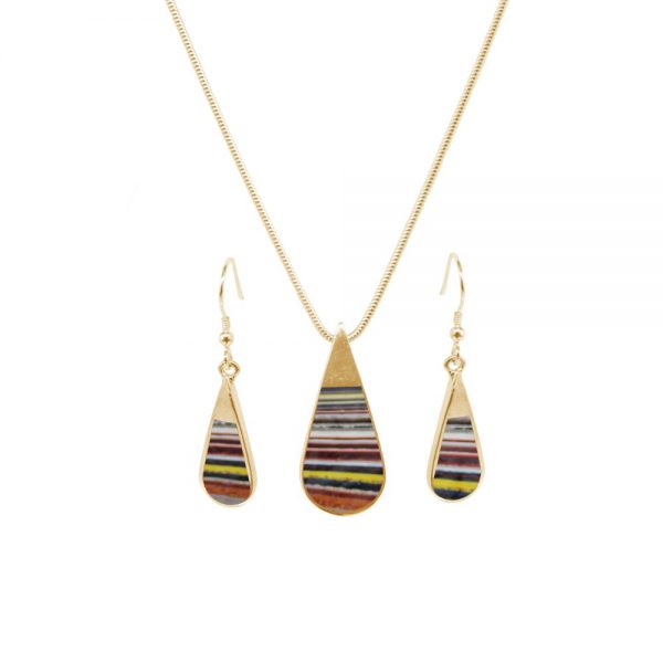 Yellow Gold Fordite Teardrop Pendant and Earring Set