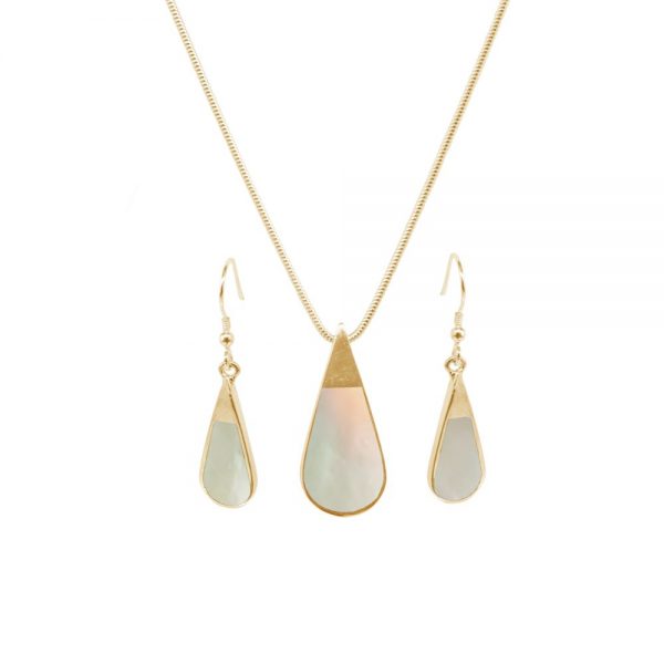 Yellow Gold Mother of Pearl Teardrop Pendant and Earring Set