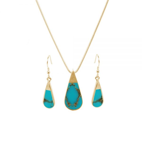 Yellow Gold Turquoise Teardrop Pendant and Earring Set