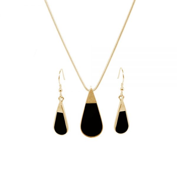 Yellow Gold Whitby Jet Teardrop Pendant and Earring Set