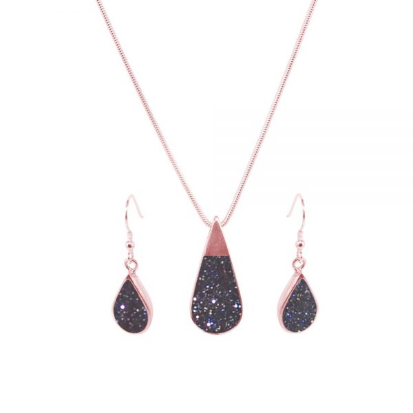 Rose Gold Blue Goldstone Teardrop Pendant and Earring Set