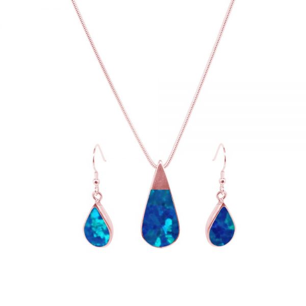 Rose Gold Opalite Cobalt Blue Teardrop Pendant and Earring Set