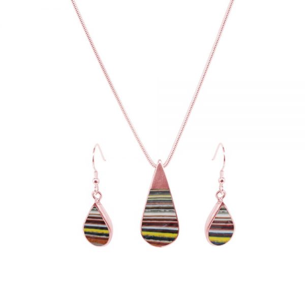 Rose Gold Fordite Teardrop Pendant and Earring Set