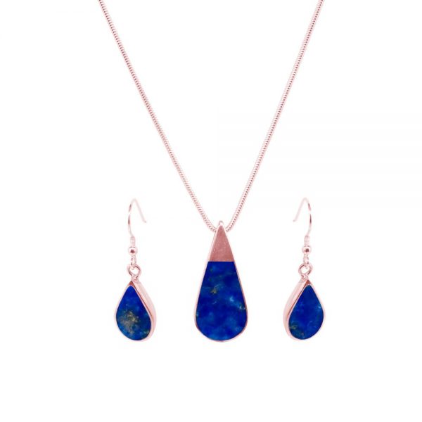 Rose Gold Lapis Teardrop Pendant and Earring Set