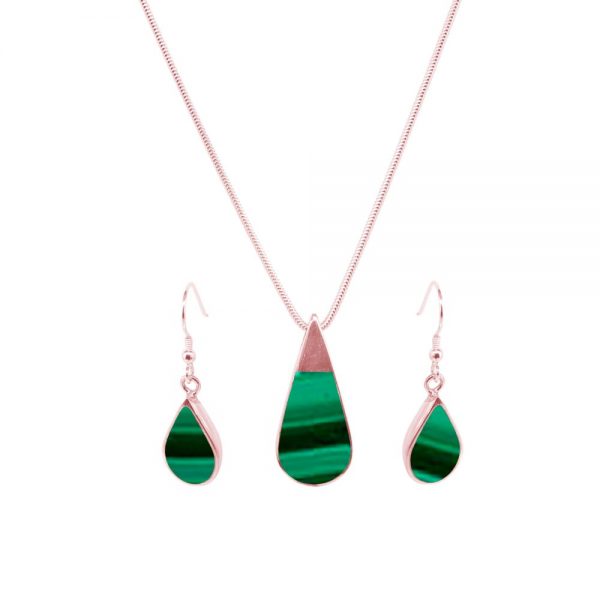 Rose Gold Malachite Teardrop Pendant and Earring Set