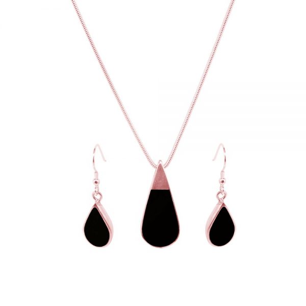 Rose Gold Whitby Jet Teardrop Pendant and Earring Set