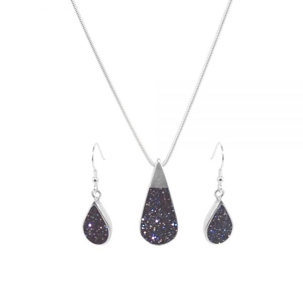 Silver Blue Goldstone Teardrop Pendant and Earring Set