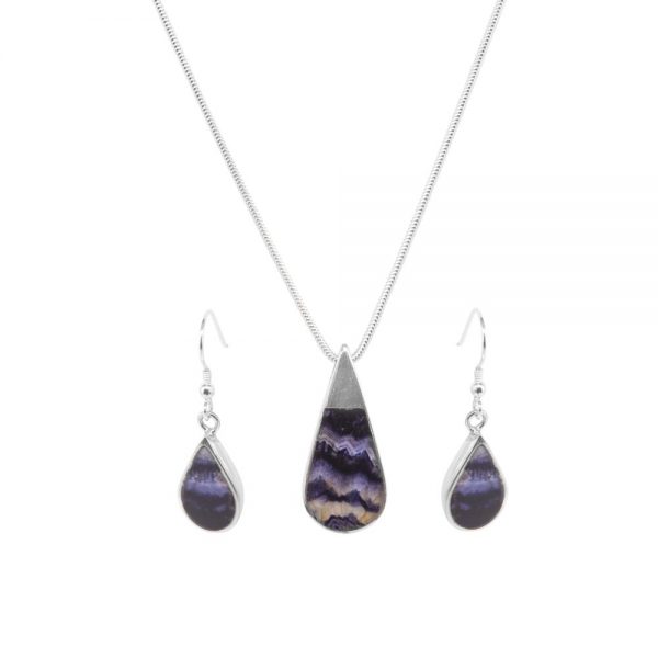 Silver Blue John Teardrop Pendant and Earring Set