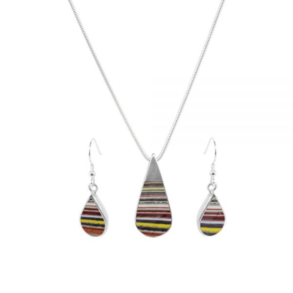 Silver Fordite Teardrop Pendant and Earring Set