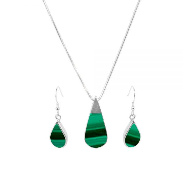 Silver Malachite Teardrop Pendant and Earring Set