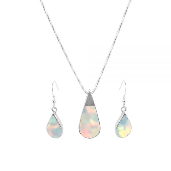 Silver Opalite Sun Ice Teardrop Pendant and Earring Set