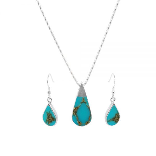 Silver Turquoise Teardrop Pendant and Earring Set