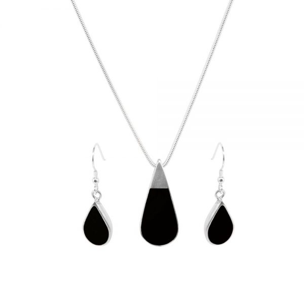 Silver Whitby Jet Teardrop Pendant and Earring Set