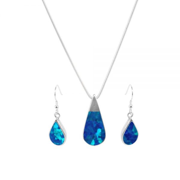 White Gold Opalite Cobalt Blue Teardrop Pendant and Earring Set