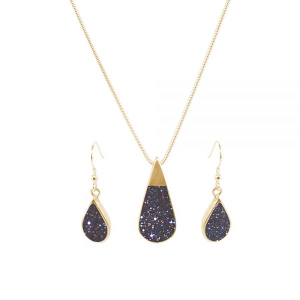 Yellow Gold Blue Goldstone Teardrop Pendant and Earring Set