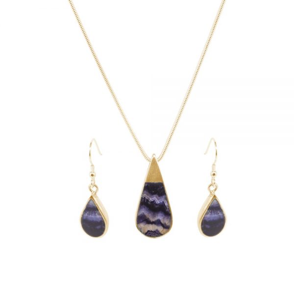 Yellow Gold Blue John Teardrop Pendant and Earring Set