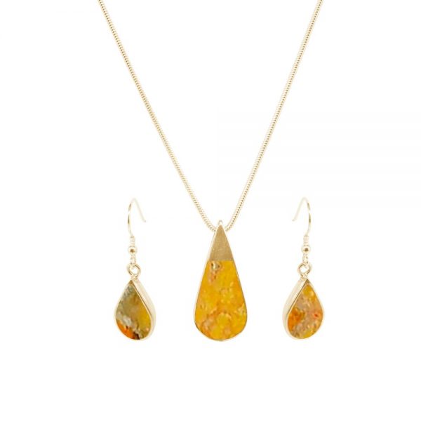 Yellow Gold Bumblebee Jasper Teardrop Pendant and Earring Set