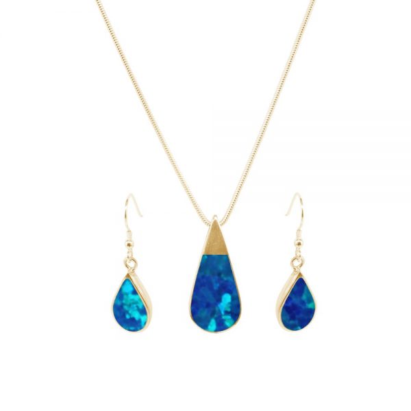 Yellow Gold Opalite Cobalt Blue Teardrop Pendant and Earring Set